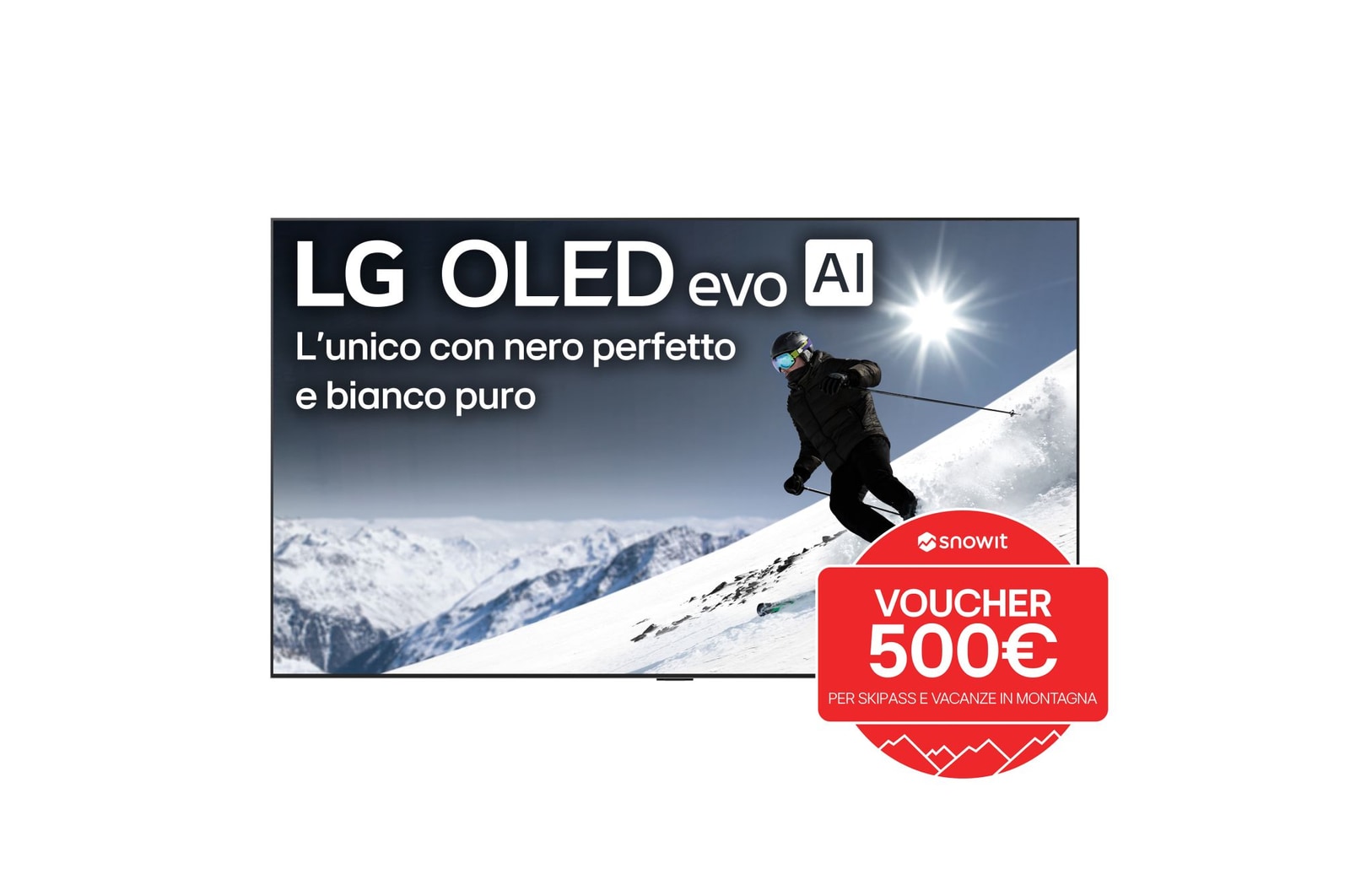 Vista frontale di una TV 83 pollici LG OLED evo AI G5 4K Smart TV 2025 OLED83G55LW, con bollo promozione
